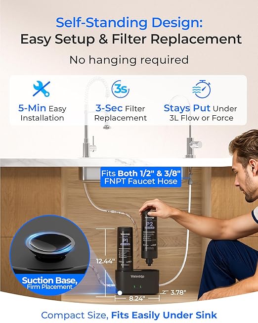 Waterdrop DLG-P Under Sink Water Filter System, 2-Outlet Filter, Reduces PFOA/PFOS Chlorine Chloramine Fluoride Odor, 2 Stage Under Sink Water Filtration System with Dedicated Faucet, Life Indicator