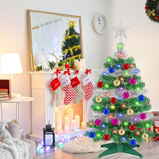 [ 12 Modes & Timer ] 3 Ft Green & Silver Small Christmas Tree with 50 LED Lights, 20 DIY Ornaments, Battery Operated Prelit Christmas Tree Indoor Home Fireplace Holiday Xmas Christmas Decorations