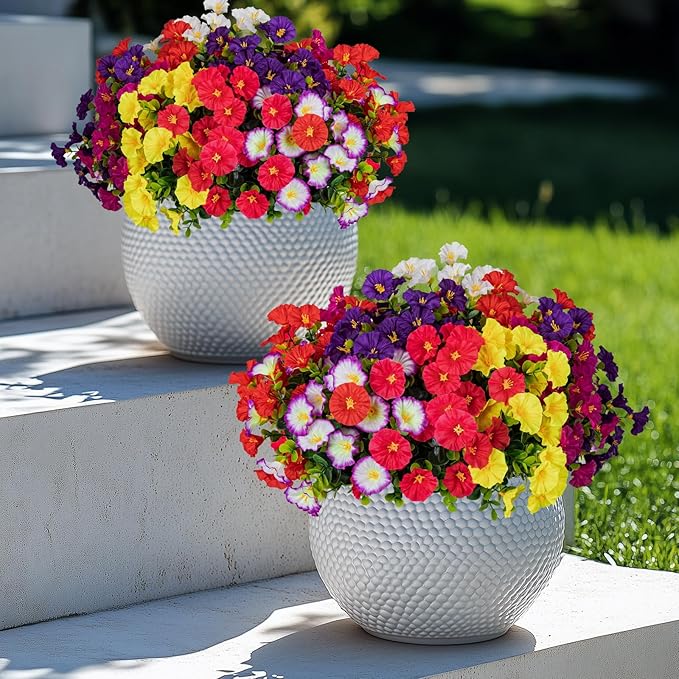 Lnoicy Artificial Flowers for Outdoor 14 Bundles Eucalyptus Fake Flowers for Planter,UV Resistant Fake Morning Glory for Home/Porch/Garden Decoration（7 Color）