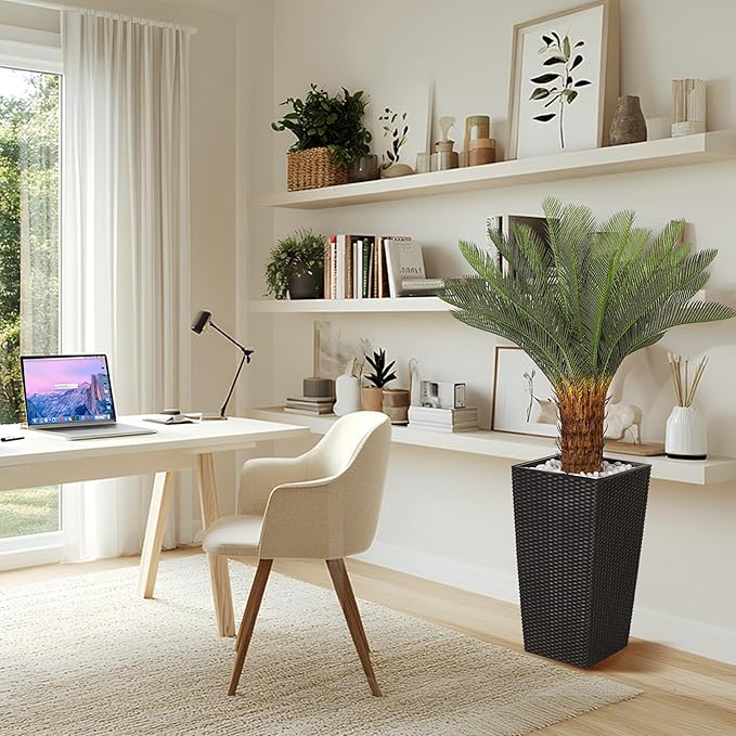 4FT Artificial Cycas Tree, Faux Sago Palm Tree with Planter, Decorative Rocks, Fake Palm Tropical Plant with Authentic Leaves and Trunk for Home Office Patio Porch Decor(Black)