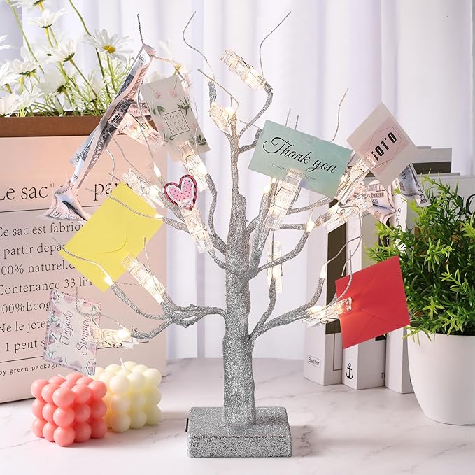 Mudder Money Holder Tree Present Card Holder with 12 Clear Clips LED Birch Twig Lights Tabletop Display Tree for Christmas, Valentines, Memo, Photo, Wedding(Stylish Style,Silver, Warm White)