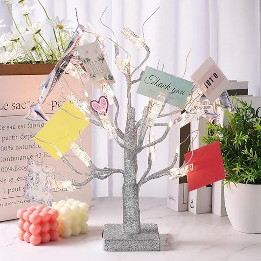 Mudder Money Holder Tree Present Card Holder with 12 Clear Clips LED Birch Twig Lights Tabletop Display Tree for Christmas, Valentines, Memo, Photo, Wedding(Stylish Style,Silver, Warm White)