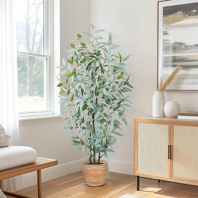 5FT Artificial Ficus Tree,Large Fake Plants with Pot,Faux Floor Plant with White Leave Fake,Artificial Plants Indoor for Home Office Decor