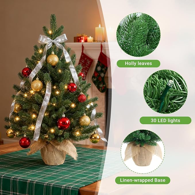 ELYKEN 22'' Mini Christmas Tree with LED Lights, Small Tabletop Artificial Christmas Xmas Holiday Party Decorations for Desk, Indoor Decor
