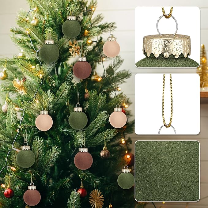 12 Pcs Velvet Christmas Balls Flocked Christmas Tree Hanging Ornaments Shatterproof Plastic Hanging Balls Decorations for Xmas Tree Party Home Holiday Decor (Brown, Green, Beige, 3.15 inch)