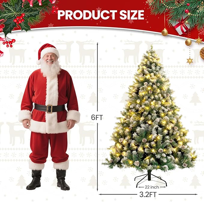 6ft Lighted Green Christmas Tree with Pine Cones, Snow Flocked Branches, and 300 Warm White LED Lights, Lush Realistic Artificial Xmas Tree with Sturdy Metal Stand for Indoor Holidays
