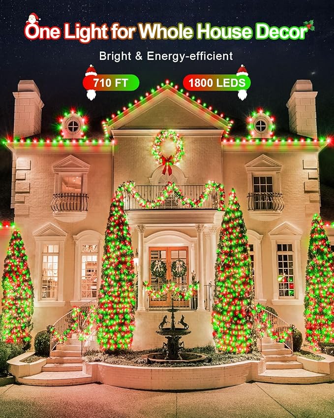 Total 710FT 1800 LED Christmas Lights,Extra LongOutdoor String Waterproof, Timer & Memory, 8 Modes Dimmable Plug in Fairy for Outside Tree Holiday Party Wedding Decor, Red and Green