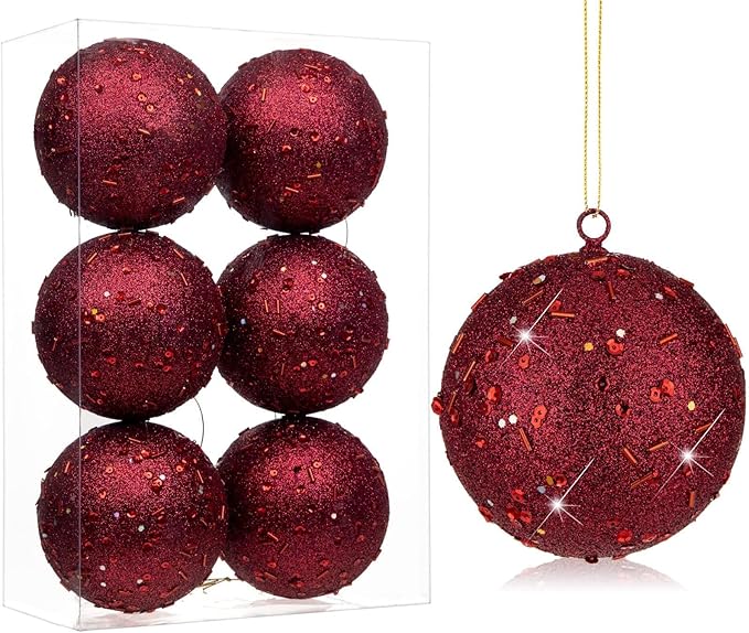 4" Large Christmas Balls Ornaments 6 Pcs Shatterproof Big Burgundy Red Christmas Ornaments for Xmas Tree Bulk Glitter Big Xmas Tree Ornament for Trees Halloween Holiday Wedding Party Decoration