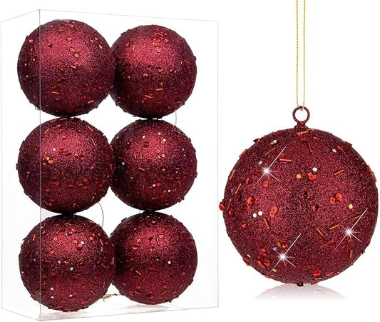 4" Large Christmas Balls Ornaments 6 Pcs Shatterproof Big Burgundy Red Christmas Ornaments for Xmas Tree Bulk Glitter Big Xmas Tree Ornament for Trees Halloween Holiday Wedding Party Decoration