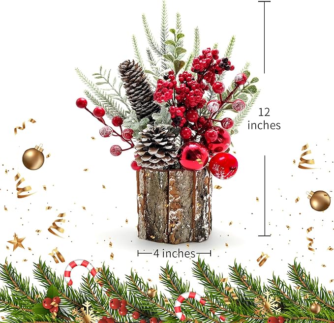 Small Christmas Tree, Artificial Mini Tabletop Decorations with Pine Cones Red Berries for Home Party Christmas Decorations Winter Indoor Outdoor