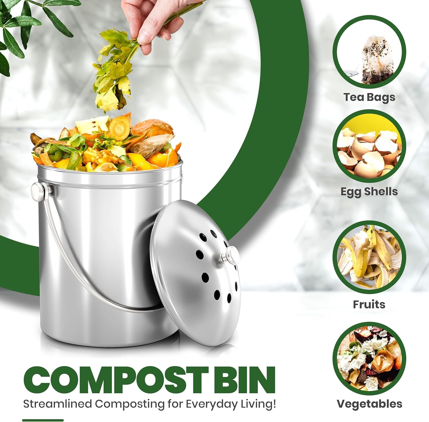 Utopia Kitchen Compost Bin for Kitchen Countertop, 1.3 Gallon Compost Bucket for Kitchen with Lid, Includes 1 Spare Charcoal Filter, Home Essentials - (Silver)