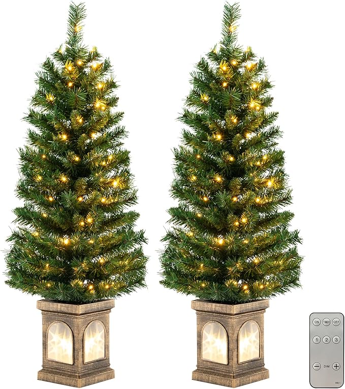 HAPPYGRILL 4 FT Pre-Lit Christmas Tree Set of 2, Artificial Potted Xmas Entrance Tree with 160 Branch Tips & 100 LED Lights, Cement-Filled Base, 3 Lighting Modes, Remote Control, Indoor Holiday Decor