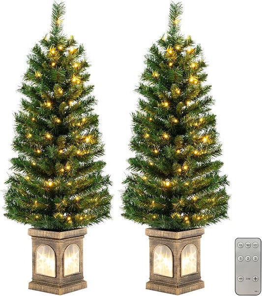 HAPPYGRILL 4 FT Pre-Lit Christmas Tree Set of 2, Artificial Potted Xmas Entrance Tree with 160 Branch Tips & 100 LED Lights, Cement-Filled Base, 3 Lighting Modes, Remote Control, Indoor Holiday Decor