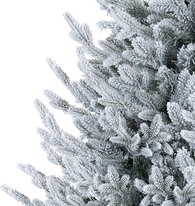 Naomi Home 7.5ft Frosted Christmas Tree with Lights, Realistic Snow Flocked Christmas Tree Prelit with 3266 Branch Tips, 650 Warm Lights and Metal Stand, Aritificial Xmas Tree