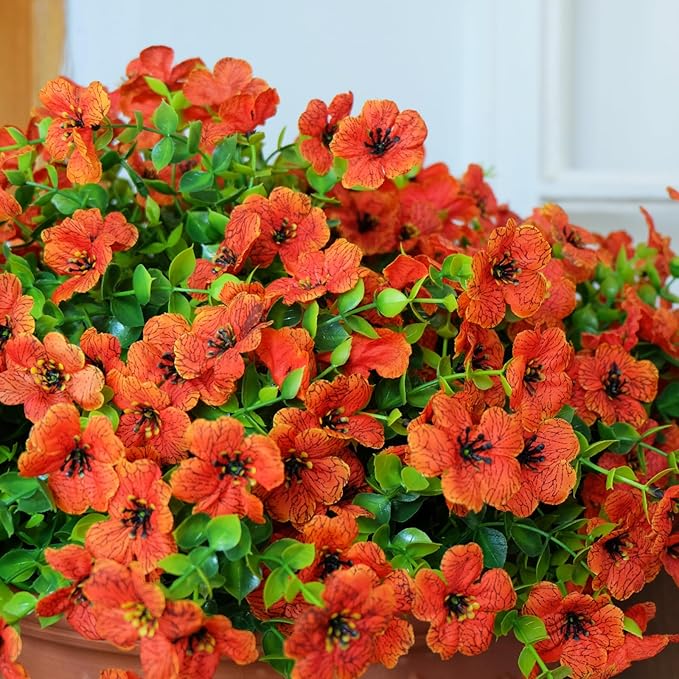 Artificial Fake Plants Flowers for Outdoor Fall Autumn Decoration，16 Bundles Fake Plants UV Resistant No Fade Faux Plastic Greenery Boxwood Porch Patio Fall Mums Home Decor