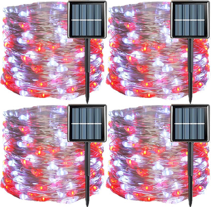 QITONG 4 Pack Red and White Solar Fairy Lights, Each 33ft 100 LED Christmas String Lights Outdoor Waterproof, 8 Modes Silver Wire Twinkle Lights
