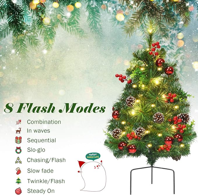 Happygrill Set of 2 29 inch Outdoor Pathway Christmas Trees, Pre-Lit Christmas Trees with 30 LED Lights, 8 Light Modes, Porch Christmas Trees for Holiday Decoration