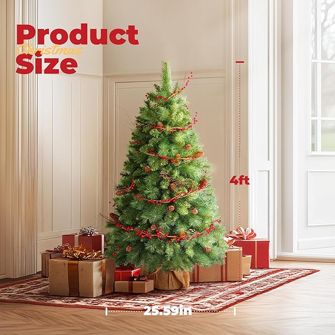 Christmas Tree, 4FT Tabletop Christmas Tree with Cloth Bag Base and LED Light, Pre-Lit Small Artificial Tree with Pine Cones & Red Berries, Christmas Decorative for Outdoor Indoor Porch