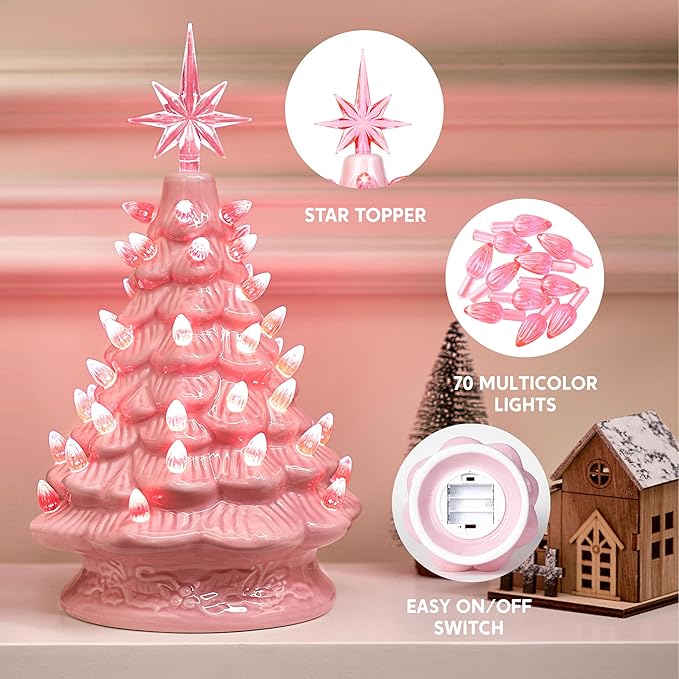Joiedomi 12" Pink Ceramic Christmas Tree, Prelit Tabletop Christmas Tree Decoration with Extra Pink Top Star & Bulbs with LED Lights for Best Desk Decoration Xmas Tabletop Decor Indoor Home