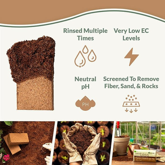Coco Coir 650gm Bricks + Worm Castings + Mycorrhizal Inoculant + Neem Meal Fertilizer + Organic Biochar for Plants - All Natural Soil Amendments for Plants - Organic Coco Coir for Plants & Gardening