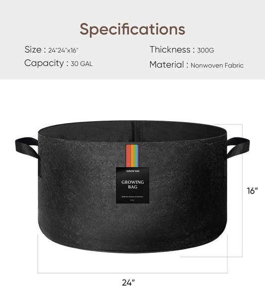 The Growing 5 Pack 30 Gallon Fabric Grow Bags，Thickened Aeration Nonwoven Fabric Plant Pots with Durable Handles,Heavy Duty 300G Planter Pot for Tomato, Fruits, Vegetables and Flowers, Black