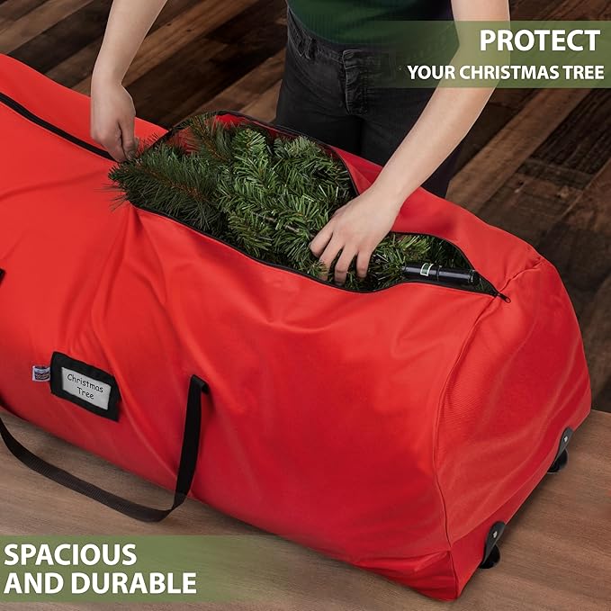 Holiday Cheer Christmas Tree Storage Bag with Wheels – Heavy Duty Christmas Tree Bag Fits Up to 7.5ft Tall Artificial Christmas Tree, Waterproof, Durable Handles & Zipper – Xmas Tree Storage Bag (Red)