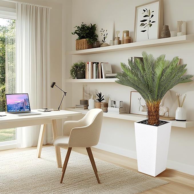 Artificial Palm Tree, 4FT Fake Palm Tree with White Tall Planter, Artificial Plants with Realistic Trunk and Leaves, Faux Sago Palm for Home and Office Décor, No Maintenance Indoor Greenery