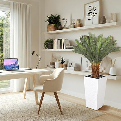 Artificial Palm Tree, 4FT Fake Palm Tree with White Tall Planter, Artificial Plants with Realistic Trunk and Leaves, Faux Sago Palm for Home and Office Décor, No Maintenance Indoor Greenery
