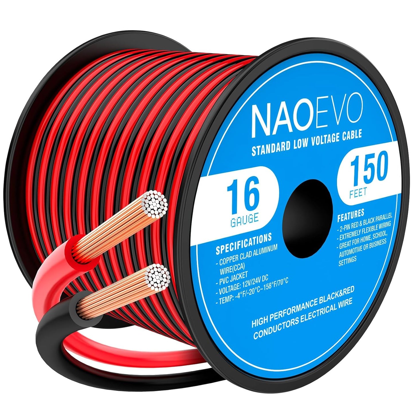 NAOEVO 16 Gauge Wire 150FT, 2 Conductors Electrical Wire Red Black Cable, Flexible/Low Voltage/PVC 16 AWG Copper Clad Aluminum Extension Cord for Speaker, LED Strips, Automotive 12V/24V DC