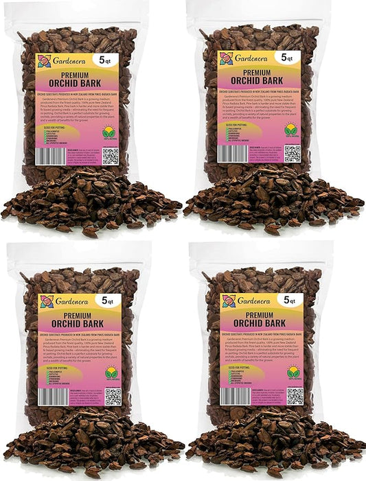 GARDENERA New Zealand Pinus Radiata Bark - 20 Quart - Organic Hand Mixed New Zealand Orchiata Pine Bark for Orchids - Medium Chips 9-12mm - (4 Bags of 5 Quart)