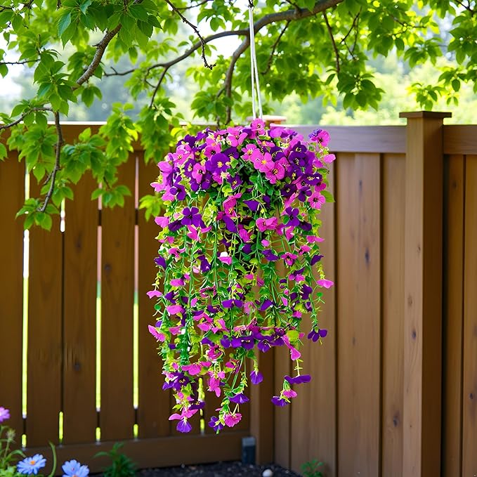 2 Packs Artificial Hanging Fake Flowers for Outdoors UV Fade Resistant Plastic Faux Plants Outside 30 inch 132 Stems Daisy Eucalyptus for Gardens Patio Porch Yard Indoor Home Decorations