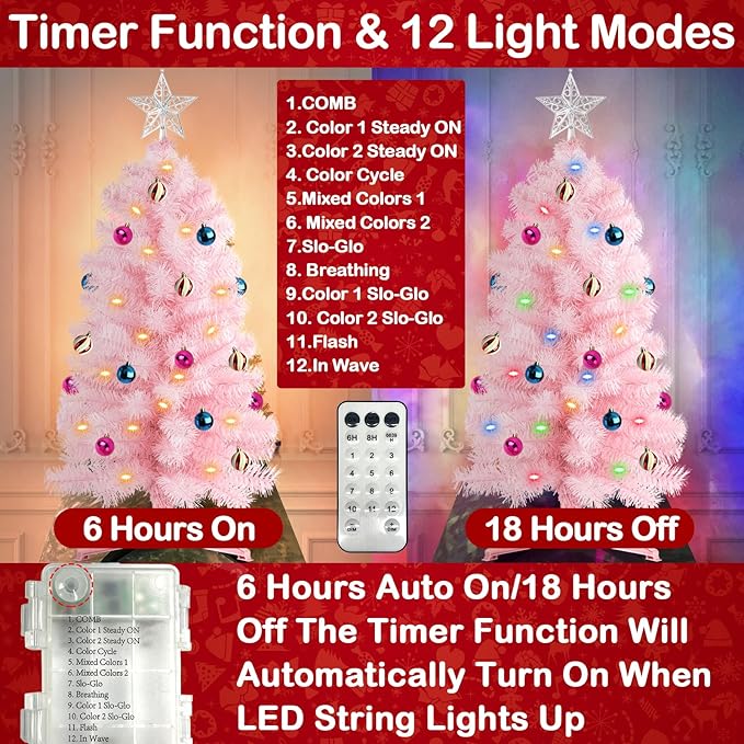 3 Ft Pink Christmas Tree with 12 Modes Timer 50 LED Four Color & Warm Lights DIY 15 Ball Ornaments 3D Star Artificial Xmas Tree for Indoor Home Holiday Party Decoration