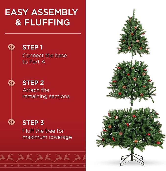 Best Choice Products 9ft Pre-Lit Pre-Decorated Spruce Hinged Artificial Christmas Tree w/ 2,128 Tips, Pinecones, Berries, 900 Lights, Metal Base