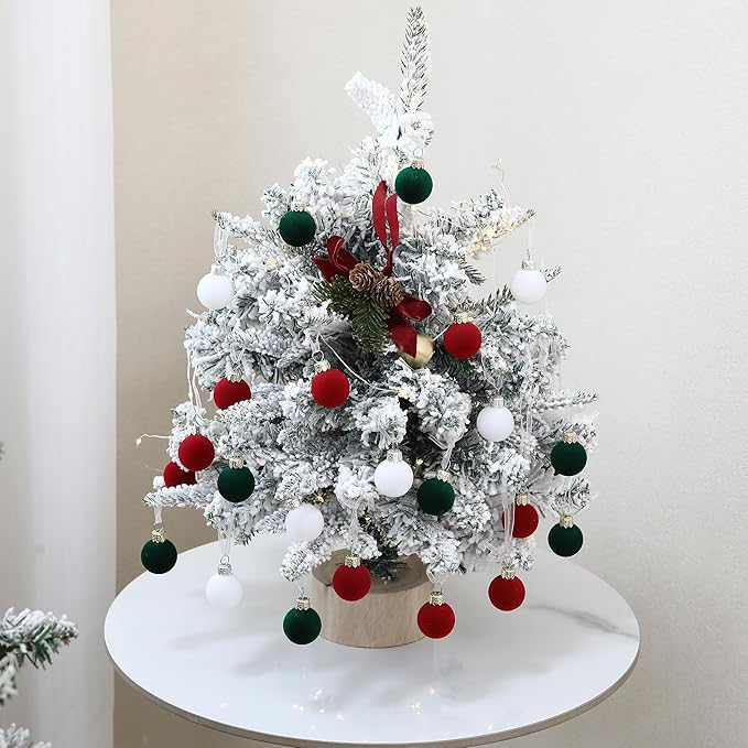 Sea Team 64-Pack Miniature Flocked Velvet Christmas Tree Ball Ornaments Set, Hanging Velour Baubles, Shatterproof Plastic Decorations for Xmas Tree, Wreath, Garland, 30mm/1.18 Inches, Elf