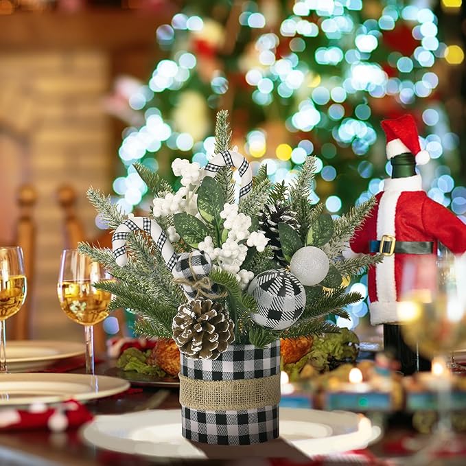 Super Holiday Small Winter Buffalo Check Plaid Christmas Tree, Artificial Mini Tabletop Christmas Tree Decorations with Xmas Ornaments, for Home Party Thankgivings Decor, Black/White-Indoor