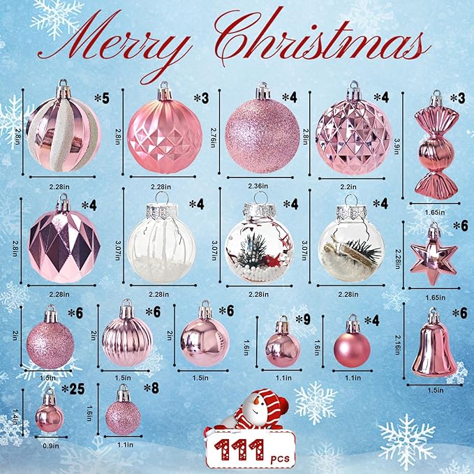 ILLUMINEW 111-Pack Christmas Balls Ornaments,Assorted Shatterproof Pink Christmas Ornaments Set, Luxurious Hanging Pendants Package for Tree Party Holiday Indoor Decor