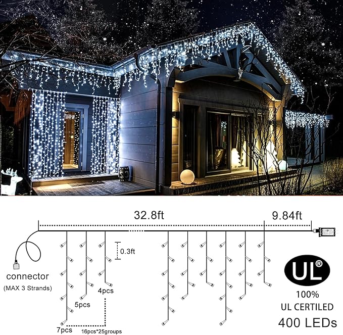 Icicle Lights for Outside 33ft 400 LED Icicle Christmas Lights Outdoor with 8 Modes 75 Drops Waterproof Plug in Fairy Curtain Lights with Timer for Party Holiday Wedding Decorations, Cool White