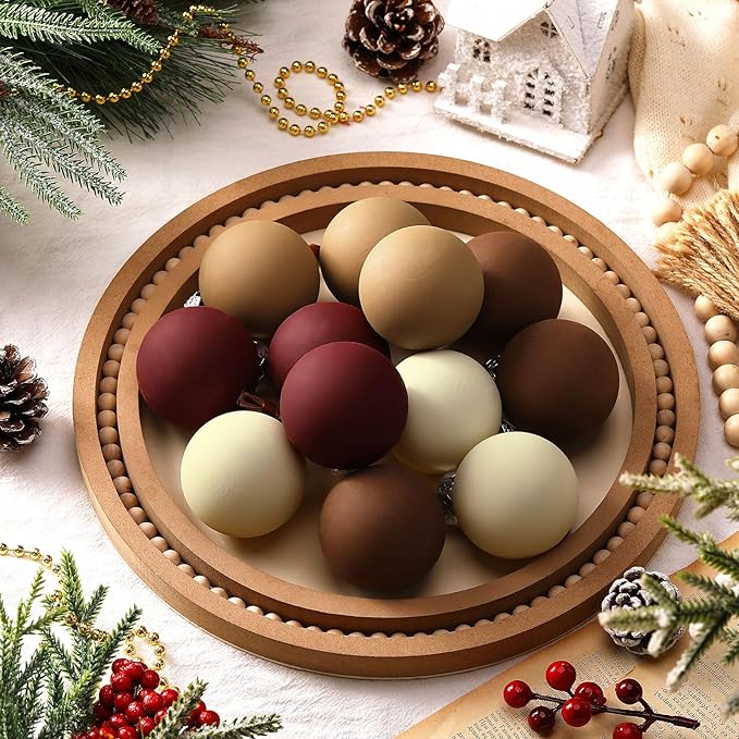 12 Pcs Neutral Matte Christmas Ball Ornaments 2.4 Inch Rustic Boho Burgundy Brown Camel Cream Xmas Bulbs Ornament Vintage Xmas Baubles Modern Christmas Decor for Tree Farmhouse Decor