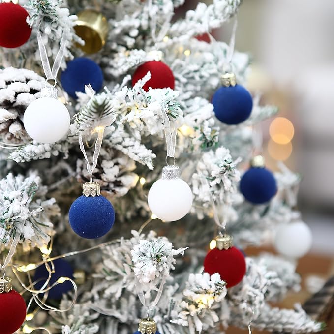 Sea Team 64-Pack Miniature Flocked Velvet Christmas Tree Ball Ornaments Set, Hanging Velour Baubles, Shatterproof Plastic Decorations for Xmas Tree, Wreath, Garland, 30mm/1.18 Inches, US Flag