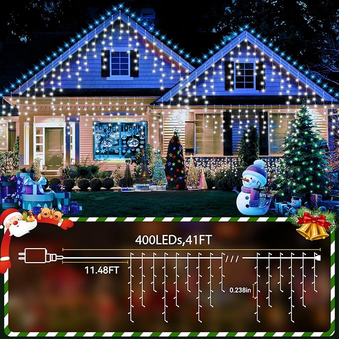 33FT Christmas Lights Outdoor, 400 LED Outdoor String Lights Waterproof Plug in with 8 Modes & Timer, Christmas String Lights for Tree Party, Garden, Holiday Decorations（Cool White）