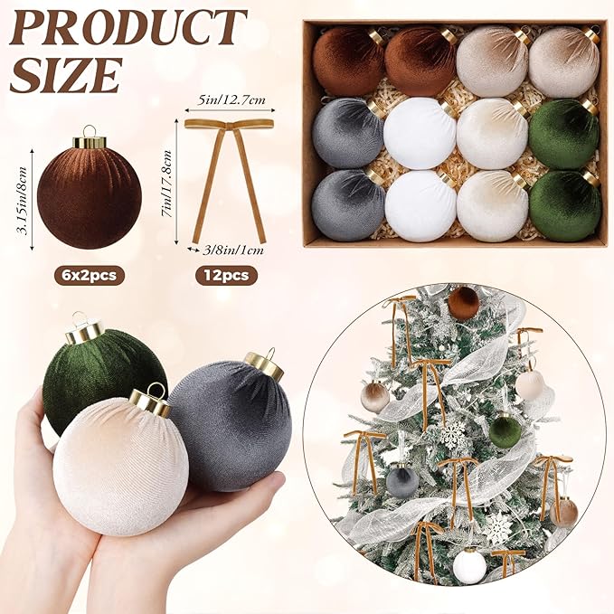 24 Pack Velvet Christmas Tree Ornaments Set, 12 Pcs 3.15 Inch Large Neutral Velvet Christmas Ornaments Hanging Flocked Balls and 12 Pcs Vintage Bows for Xmas Garland Wreath Party Home Decor