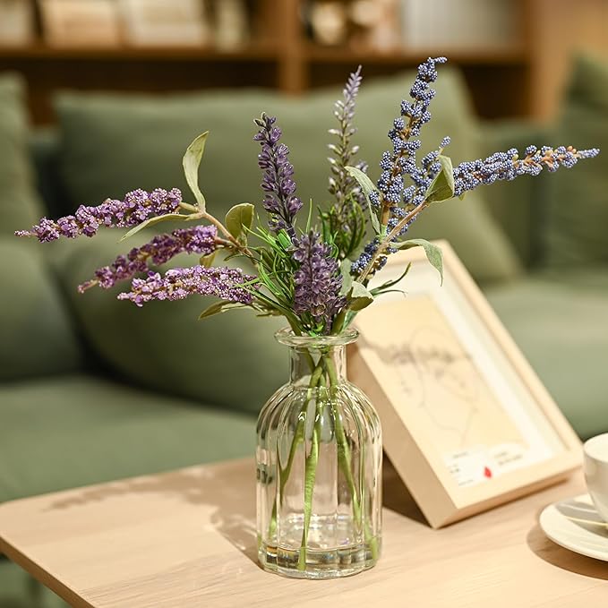 Abzo Fake Flowers- Artificial Lavender Plants in Glass Vase with Faux Water,Faux Silk Flowers Fake Plant Decor for Home Office, Bathroom Farmhouse Kitchen Dining Table Decor