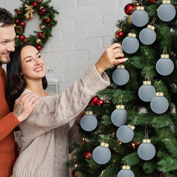 12 Pcs Velvet Christmas Balls Flocked Christmas Tree Hanging Ornaments Shatterproof Plastic Hanging Balls Decorations for Xmas Tree Party Home Holiday Decor (Dusty Blue, 3.15 inch)