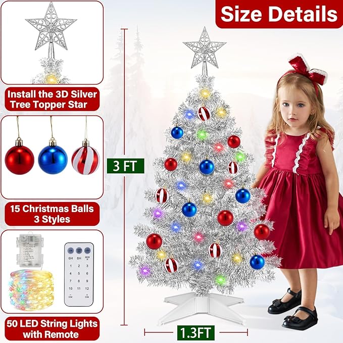 [ Timer & 12 Modes ] 3 Ft Sliver Christmas Tree with DIY 50 Warm White & Multi Color Lights 15 Ball Ornaments 3D Star Remote Control Battery Operated Pencil Full Tree Xmas Christmas Decorations Table