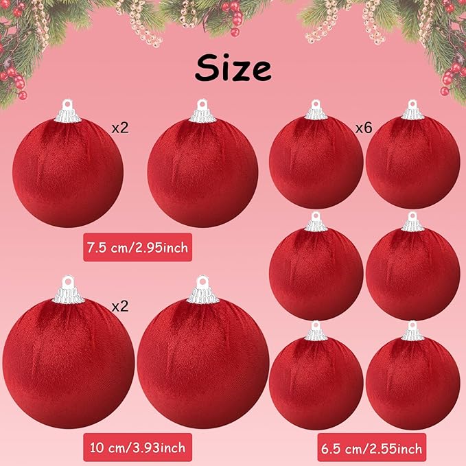 Gresorth 10 Pcs Red Velvet Christmas Ball Ornaments Flocked Hanging Ball Lightweight Decoration Xmas Tree Wedding Indoor Display
