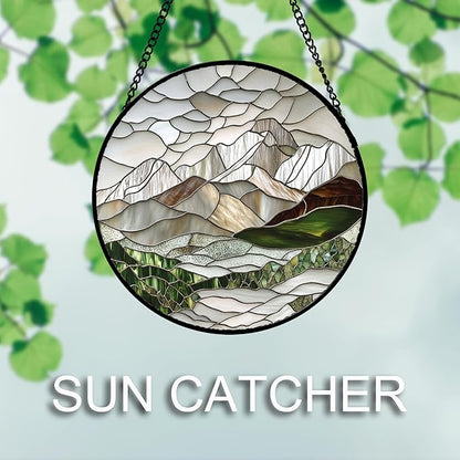 Stained Glass Window Hanging 4 Pcs Set Mountain River Landscape 9.8" - Suncatcher Door Garden Sun Catcher Decor Birthday Mother's Day for Mom Woman Nana Girl Boy Friend