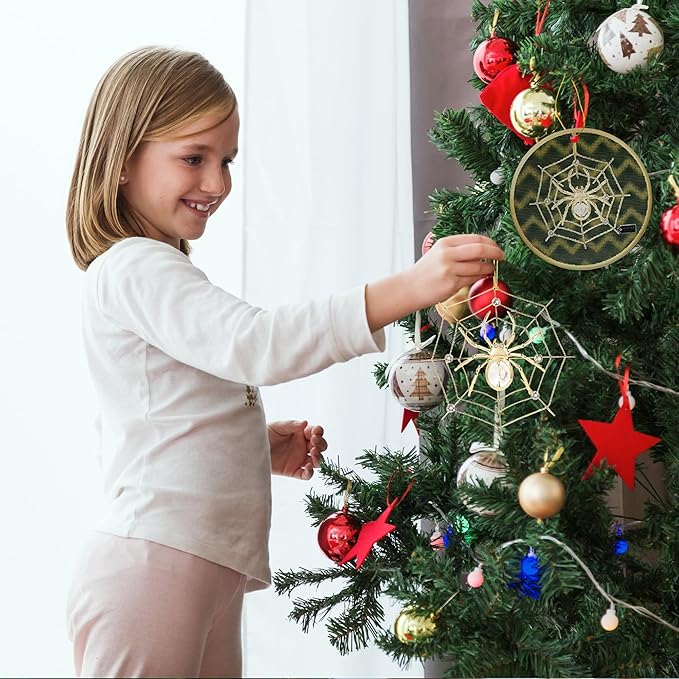 Spider Ornament Set of 2 – 24K Gold Plated Crystal-Studded Hanging Ornament & Multidimensional 5D Spider Ornament for Christmas Tree Decor by Matashi