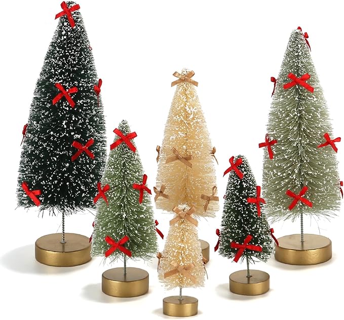 6 Pack Mini Christmas Trees, Small Miniature Frosted Bottle Brush Christmas Tree Decorations Tiny Tabletop Sisal Trees with Bows for Tiered Tray Mantel Winter Village Holiday Décor Assorted Sizes