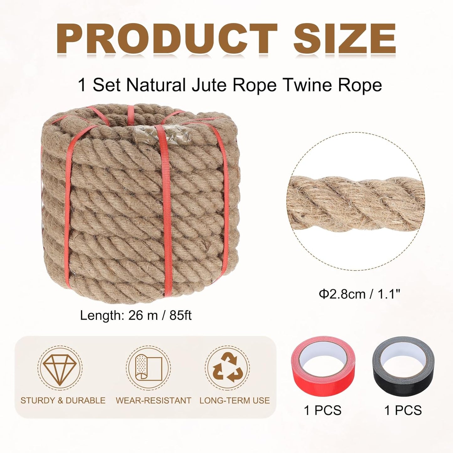 MECCANIXITY Jute Rope 1.1 Inch x 85ft, Thick Twine Rope Ropes Braided Jute Twine Natural Brown Burlap Cord String Heavy Twisted with Tapes for Decorative Crafts Railing Swing Tug of War
