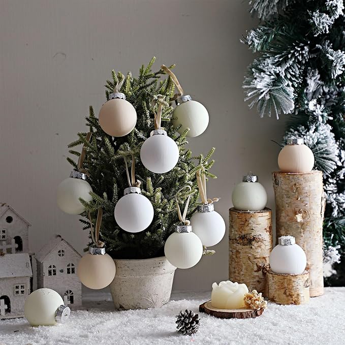 24 Pcs Neutral Matte Christmas Ball Ornaments 2.4 Inch Rustic Boho White Cream Beige Xmas Bulbs Ornament Vintage Xmas Baubles Modern Christmas Decor for Tree Farmhouse Holiday Decor
